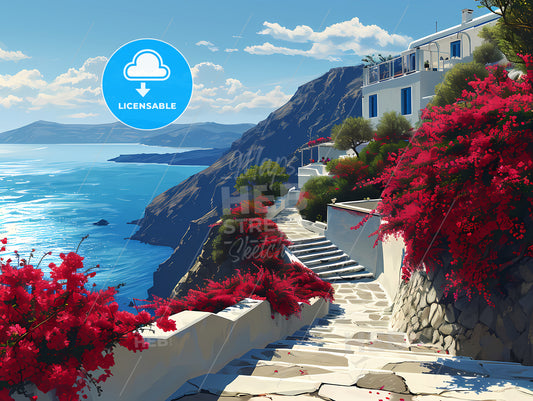 A Graphic Illustration Of Santorini Greece, A Stone Stairs Leading To A Building With Red Flowers On The Side Of A Cliff