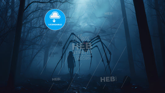 In A Misty Forest, A Girl Walking In A Foggy Forest With A Large Spider