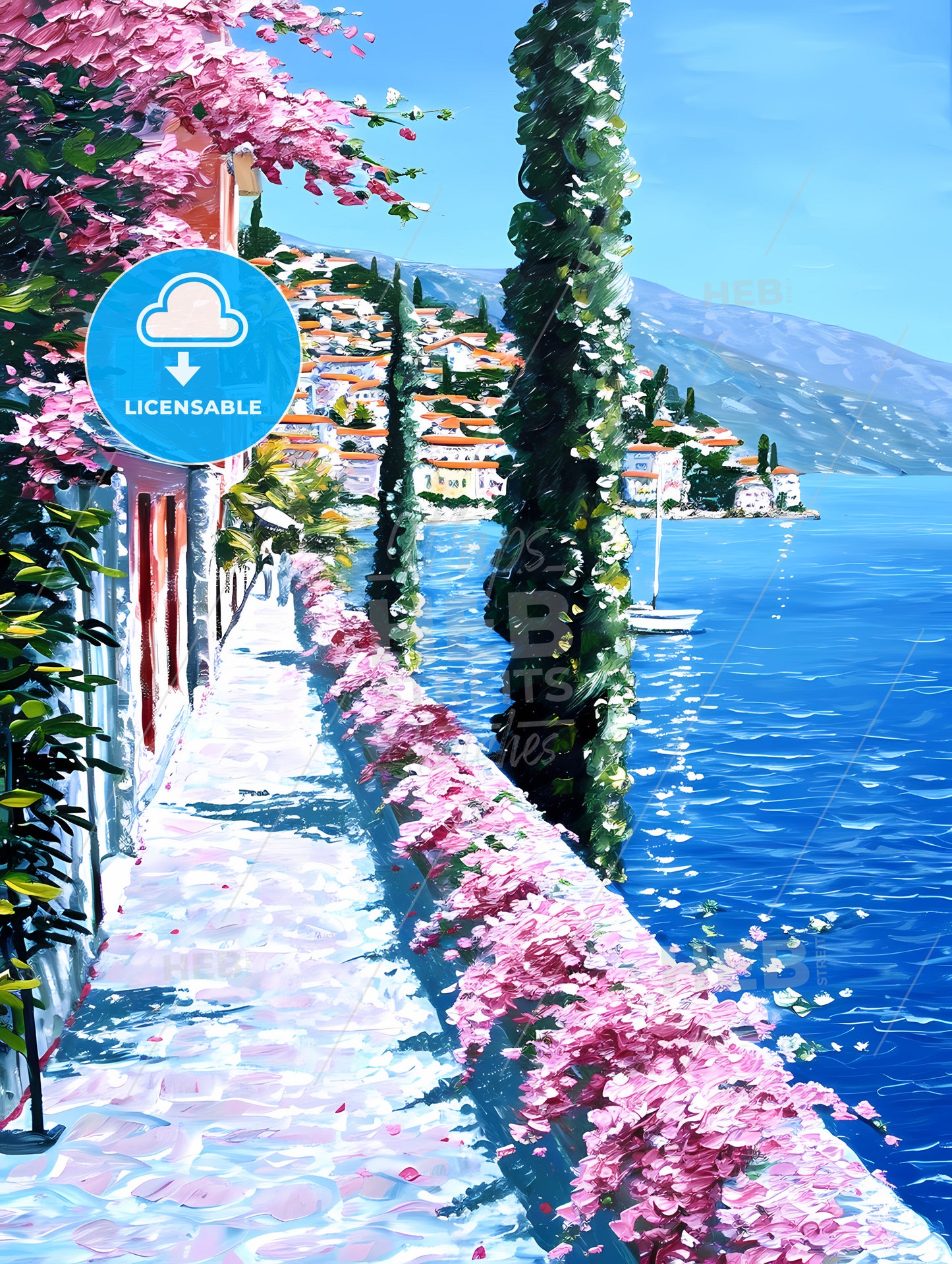 Impressionistic Landscape In Southern France, A Wall With Trees And Flowers On It By A Body Of Water