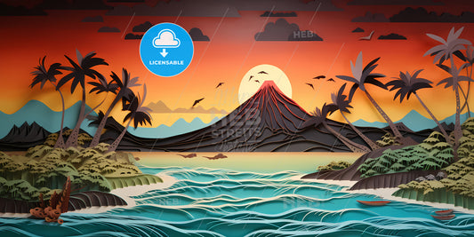 A Calm And Serene Beach, A Paper Cut Of A Beach With A Mountain And Palm Trees