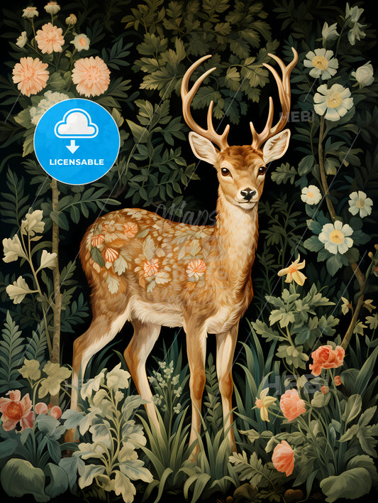 A Deer In The Middle Of Floral Tapestry, A Painting Of A Deer In A Forest