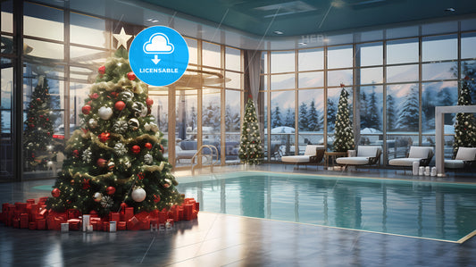 Christmas Atmosphere Spa Hotel Lobby, A Christmas Tree In A Pool