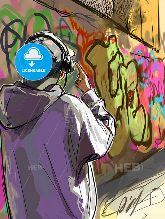 Two Men Wearing Motobike Helmets, A Man Wearing Headphones And A Hoodie Pointing At Graffiti