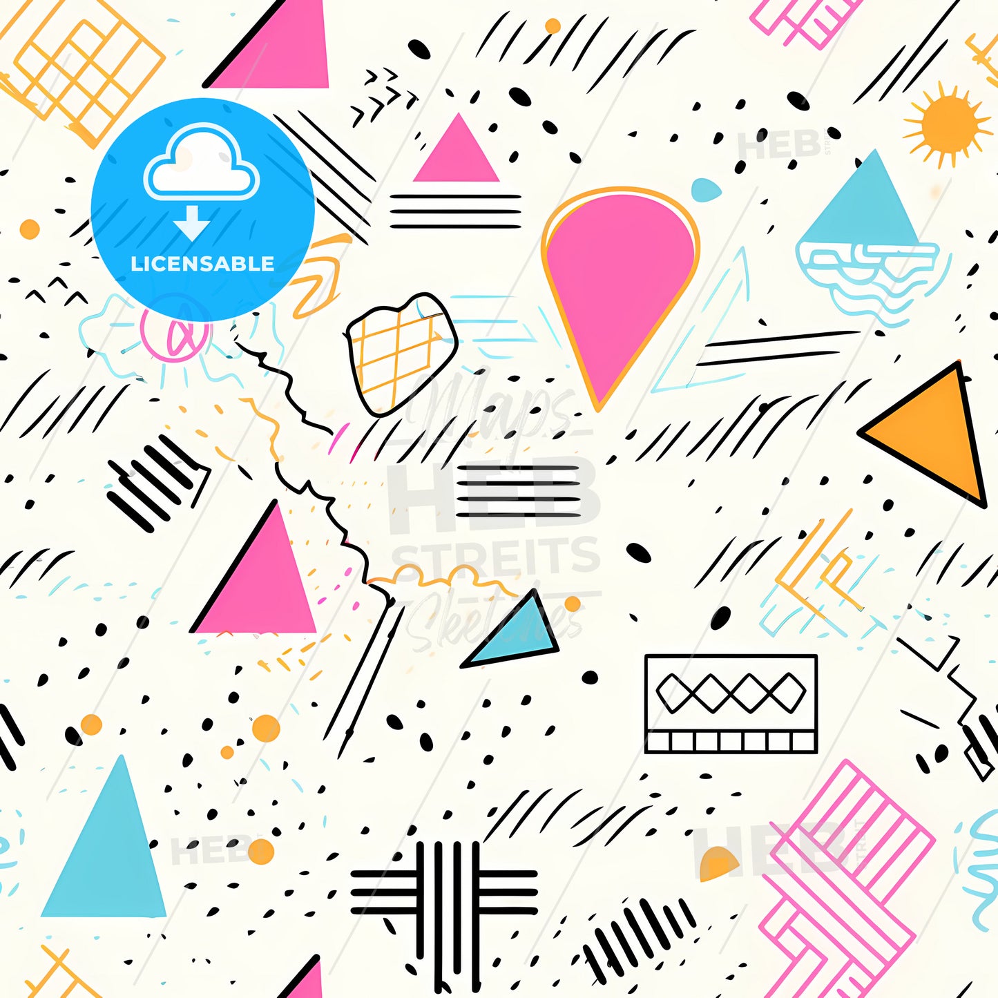 Illustration In Retro 80S Style, A Pattern Of Colorful Shapes And Lines