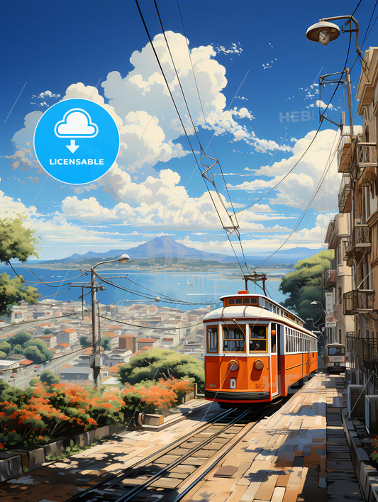The Roofs Of San Francisco, A Trolley On A Track In A City