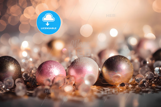 Elegant Silver Gold Pink Christmas Light Bokeh Background, A Group Of Shiny Balls And Crystals