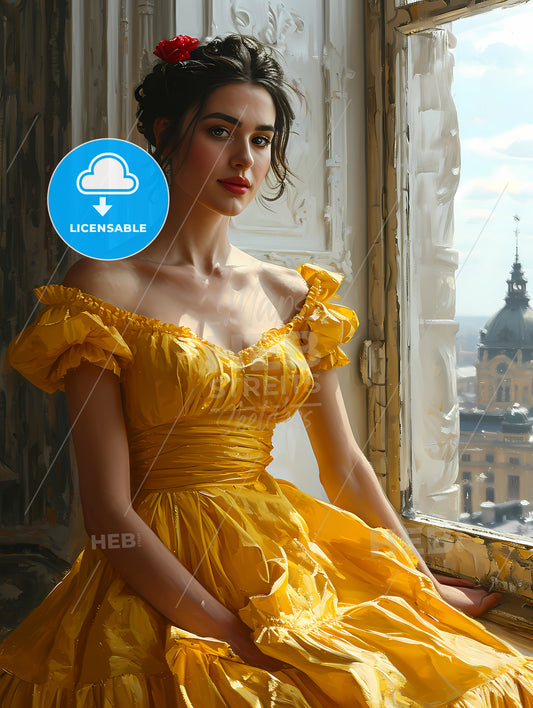 Painting Of Woman Sitting By The Window, A Woman In A Yellow Dress