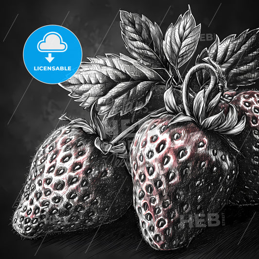 Vector Seamless Monochrome Fruit Pattern, A Group Of Strawberries With Leaves