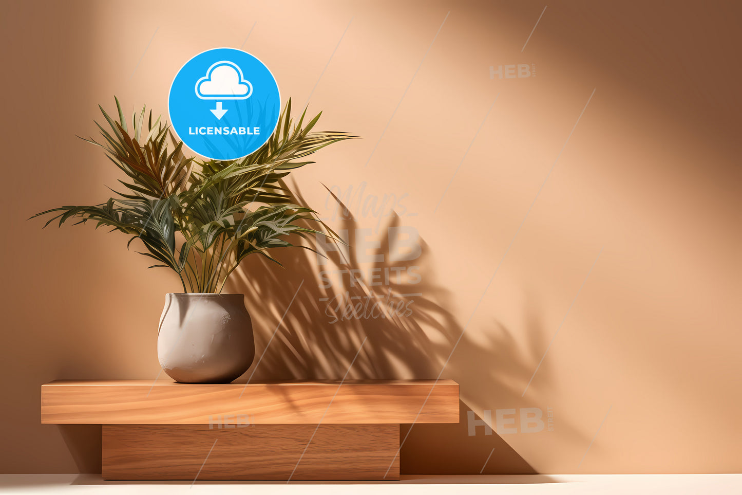 A Wooden Stand On The Wall With Natural Foliage, A Plant In A Pot On A Wooden Shelf