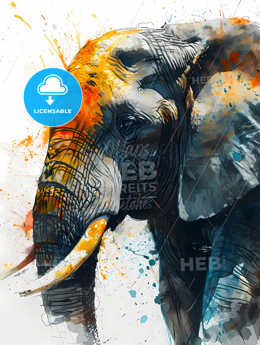 Detailed Sketch Of A Curious African Elephant, An Elephant With A Paint Splash