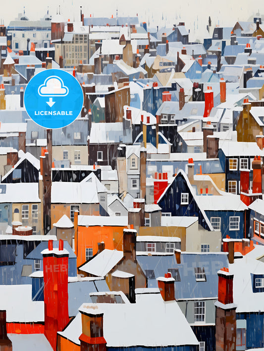 Snowy Urban Roofs Of London, A Snow Covered Rooftops Of A City