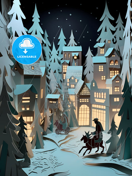 Paper Art Paper Cut Animation, A Paper Cut Out Of A Town With Houses And A Man Riding A Horse