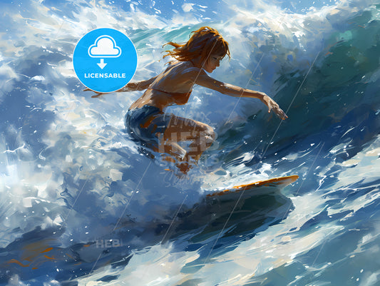 Riding A Surf Board, A Woman Surfing In The Ocean