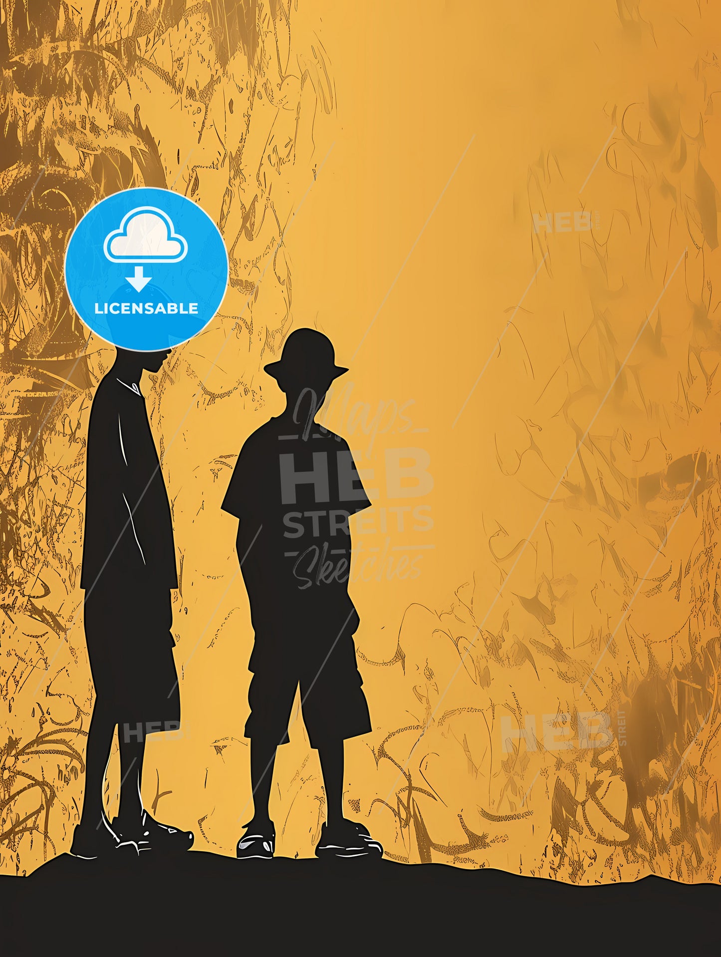 Two Men Wearing Motobike Helmets, Silhouette Of Two Boys Standing In Front Of A Yellow Background