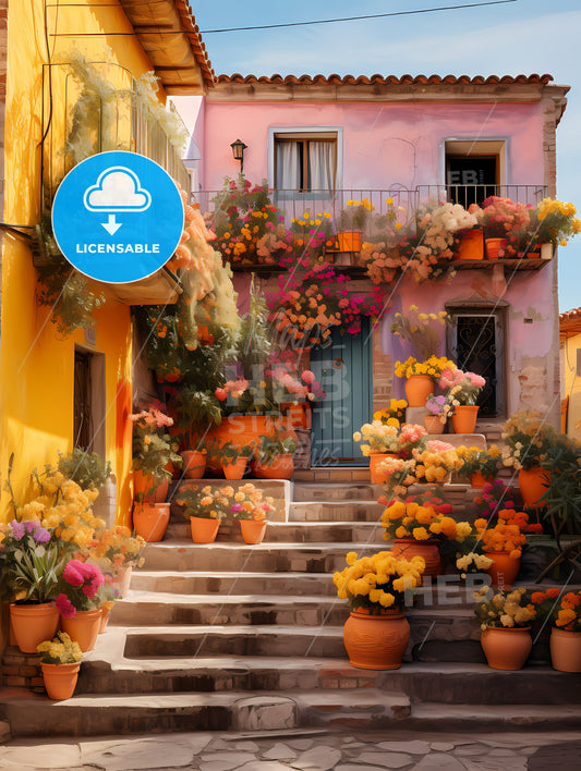 San Miguel Vibrant Color Combinations, A House With Many Pots Of Flowers