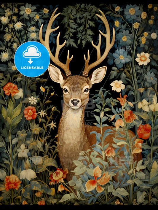 A Deer In The Middle Of Floral Tapestry, A Deer In A Garden