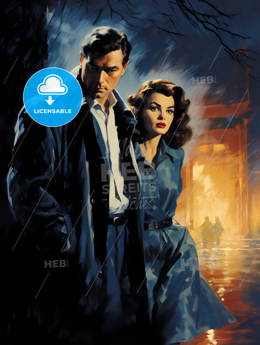 1940S Pulp-Noir Style, A Man And Woman Standing In Raincoats
