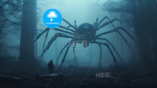 In A Misty Forest, A Giant Spider In The Woods