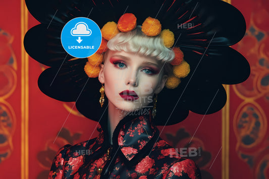 Strong Color Contrast, A Woman With A Large Hat And Flowers On Her Head