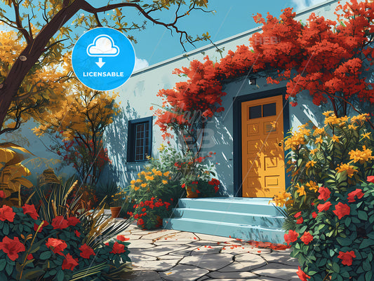 A Graphic Illustration Of Santorini Greece, A House With A Door And Stairs And Flowers