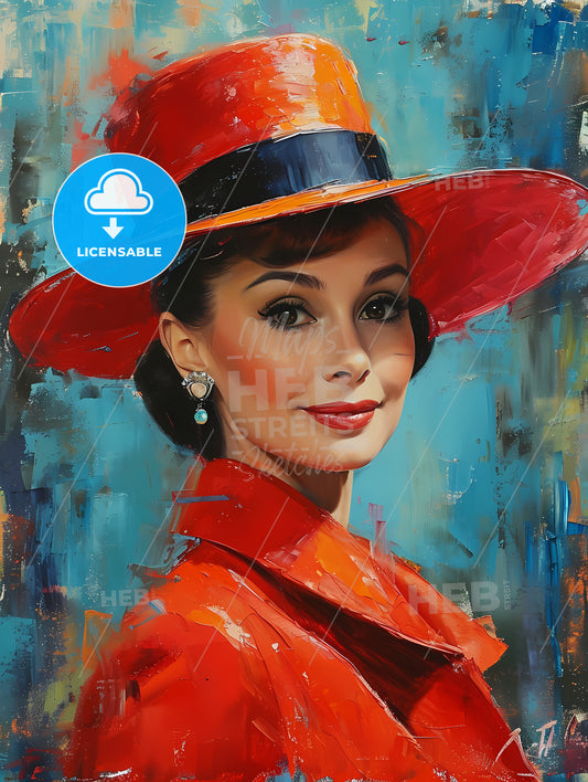 Holly Golightly Breakfast At Tiffanys Portrait, A Woman Wearing A Red Hat And Red Jacket