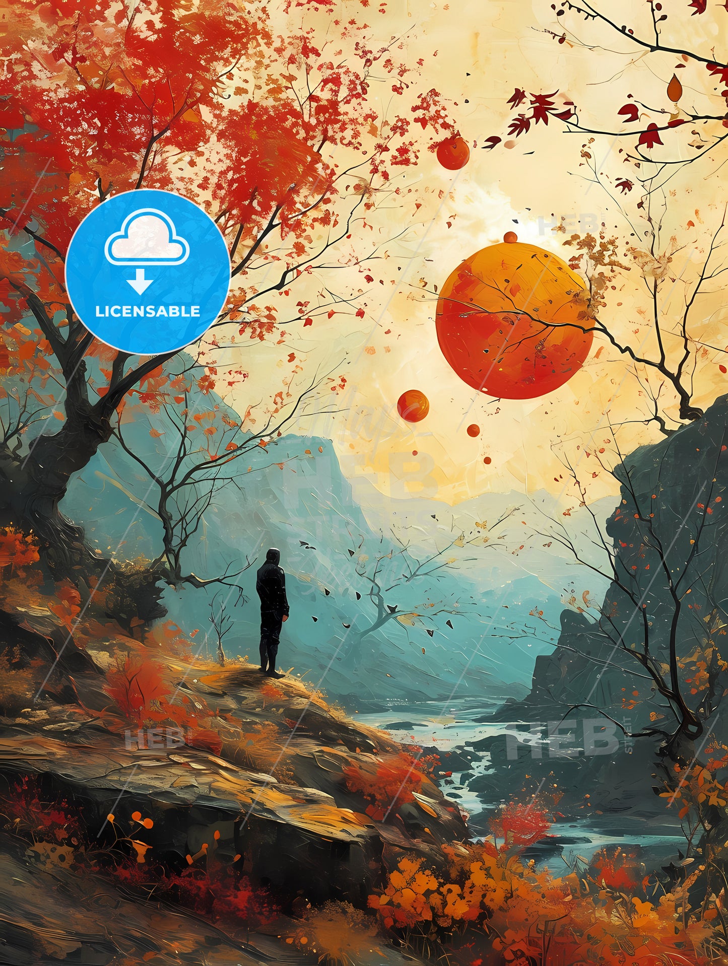 Sunshine Happy Retro Surreal Art, A Person Standing On A Cliff Overlooking A River