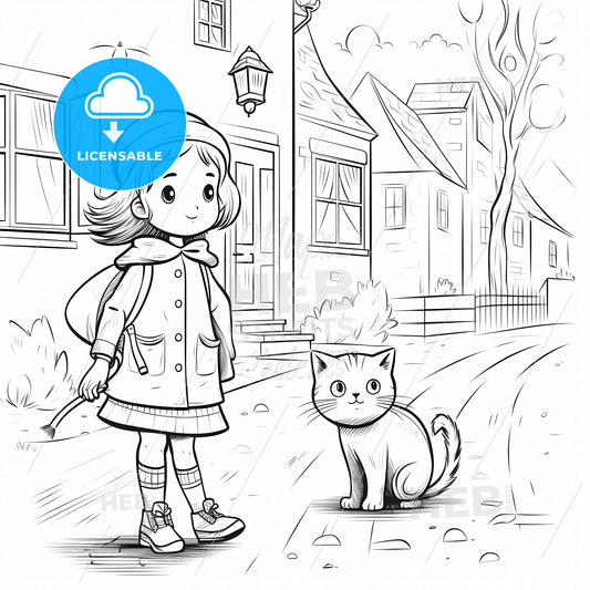 Coloring Book For Kids, A Cartoon Girl And A Cat