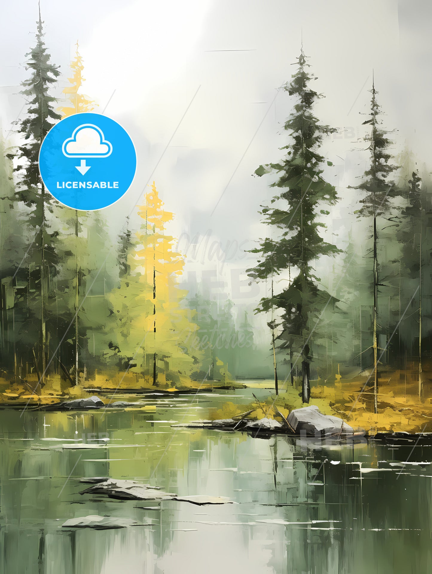 Green Forest Landscape Oil, A River With Trees And Rocks