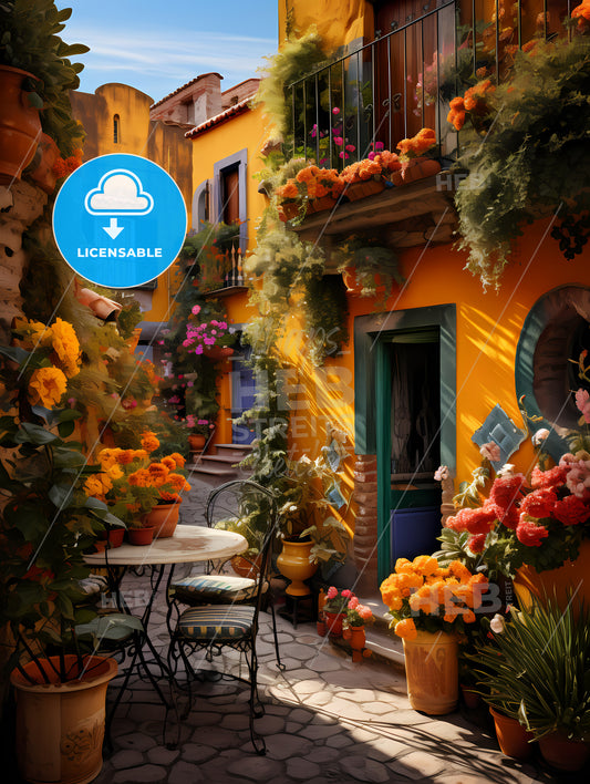 San Miguel Vibrant Color Combinations, A Courtyard With Flowers And Plants