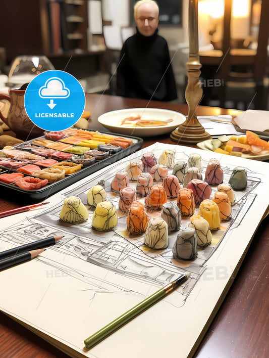 Sushi Food Drawing, A Drawing Of Various Colored Candies On A Table