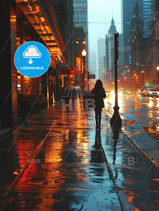 Shes Walking Down The Sidewalk, A Person Walking On A Wet Sidewalk In A City