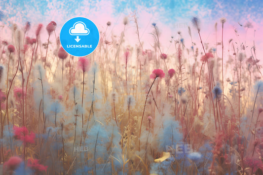 A Light Yellow Pink And Blue Background, A Field Of Flowers With Pink And Blue Colors