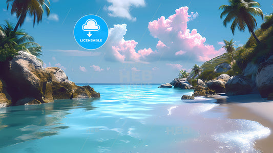 Blue Sky ,White Cloudy , Blue Sea, A Body Of Water With Rocks And Trees