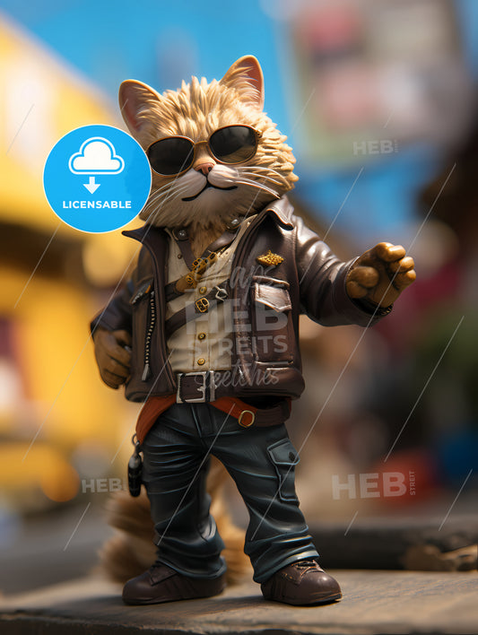 A Cat Wearing Sunglasses, A Cat Statue Wearing Sunglasses And Leather Jacket