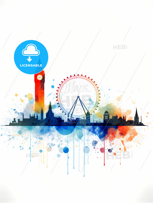 Minimalist London Skyline, A Colorful Skyline With A Clock Tower And A Ferris Wheel