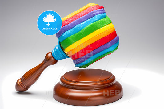 A Gavel With A Rainbow Ribbon On The Side, A Rainbow Colored Ice Cream On A Wooden Stand