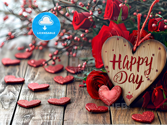 Happy Valentine Day Text And Hearts, A Heart Shaped Wooden Sign Next To Red Roses And Small Hearts