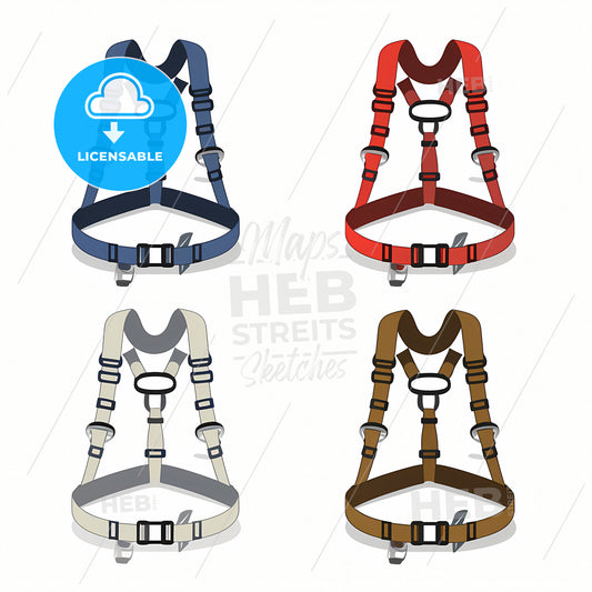 A Climbing Harness, A Set Of Harnesses With Different Colors