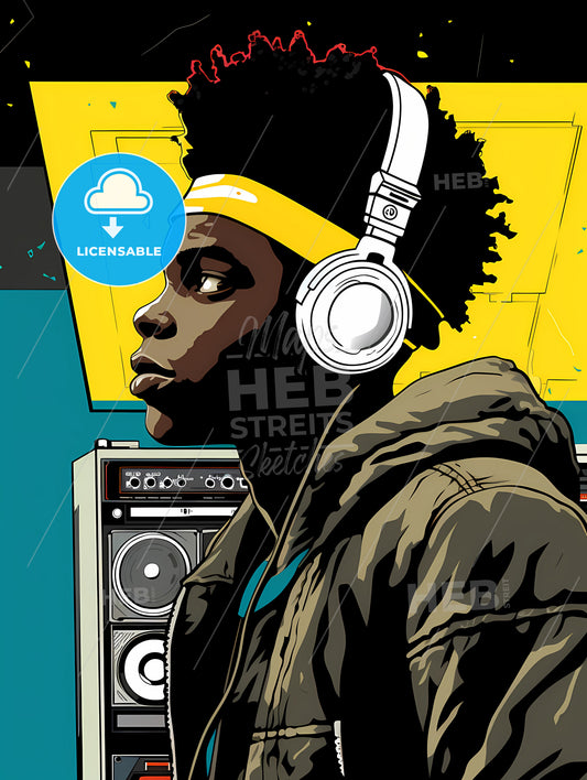 A Black Teenager Listening, A Man Wearing Headphones And Standing In Front Of A Stereo