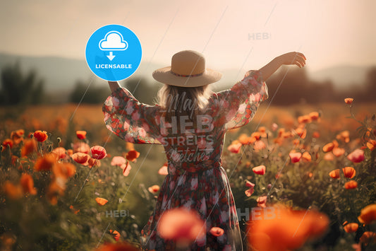 Rear View Of Woman With A Summer Dress, A Woman In A Field Of Flowers
