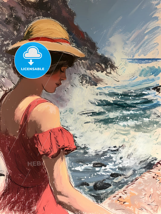 Pretty Lady At The Beach, A Woman In A Hat Looking At The Ocean