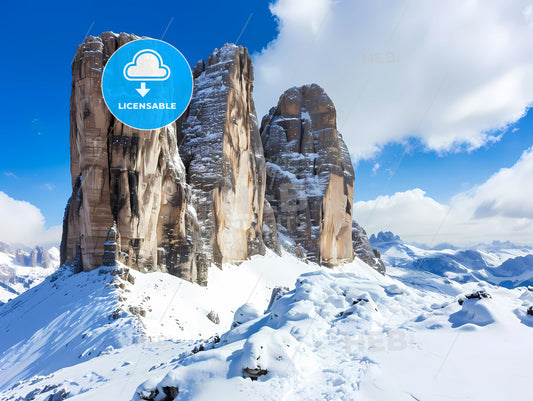 Create A Very Real Illustration For Christmas, A Snowy Mountain With Tall Rocks