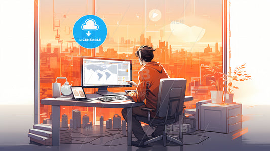 Virtual Trading Haven Illustration, A Man Sitting At A Desk With A Computer And A City In The Background