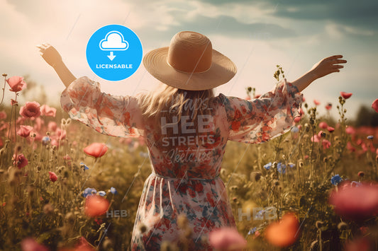 Rear View Of Woman With A Summer Dress, A Woman In A Field Of Flowers