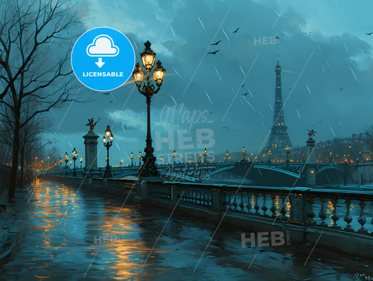 Paris The Parisienner January, A Bridge With A Street Lamp And A Tower In The Background
