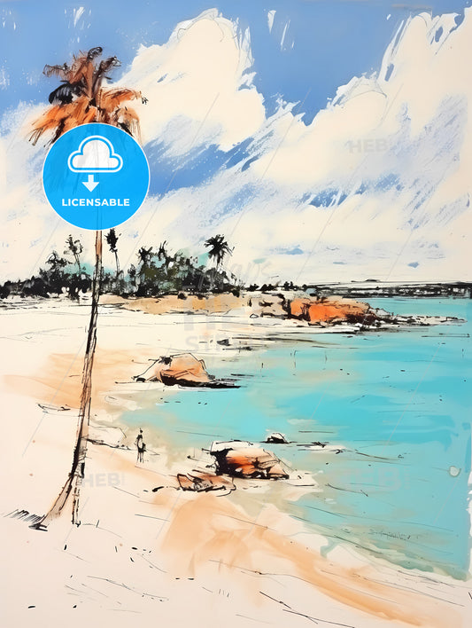 Desert Tropical Beach With Palm Tree, A Painting Of A Beach With Palm Trees And Blue Water