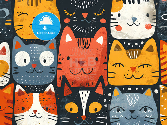 Vintage Matchbox 1960 Illustration, A Group Of Cats With Different Faces