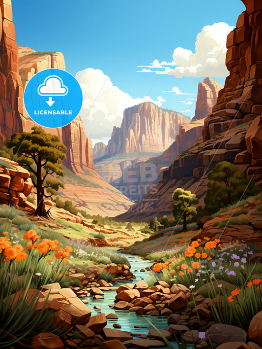 Zion Utah National Park, A River Running Through A Canyon