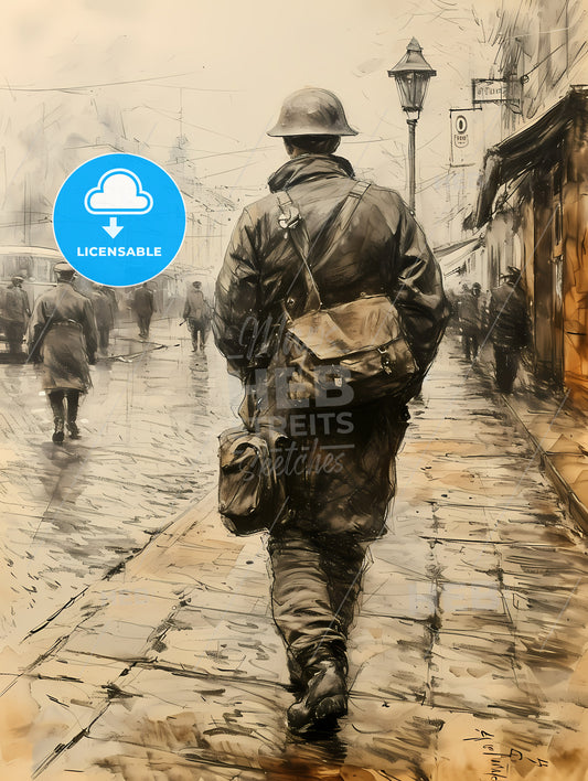Soldier Carrying Rifle, A Man In A Helmet Walking Down A Sidewalk