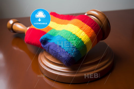 A Gavel With A Rainbow Ribbon On The Side, A Rainbow Colored Towel On A Wooden Stand